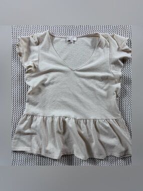 LOFT Outlet Oatmeal Peplum V-Neck Top XS Flutter Sleeve Casual Spring Neutral